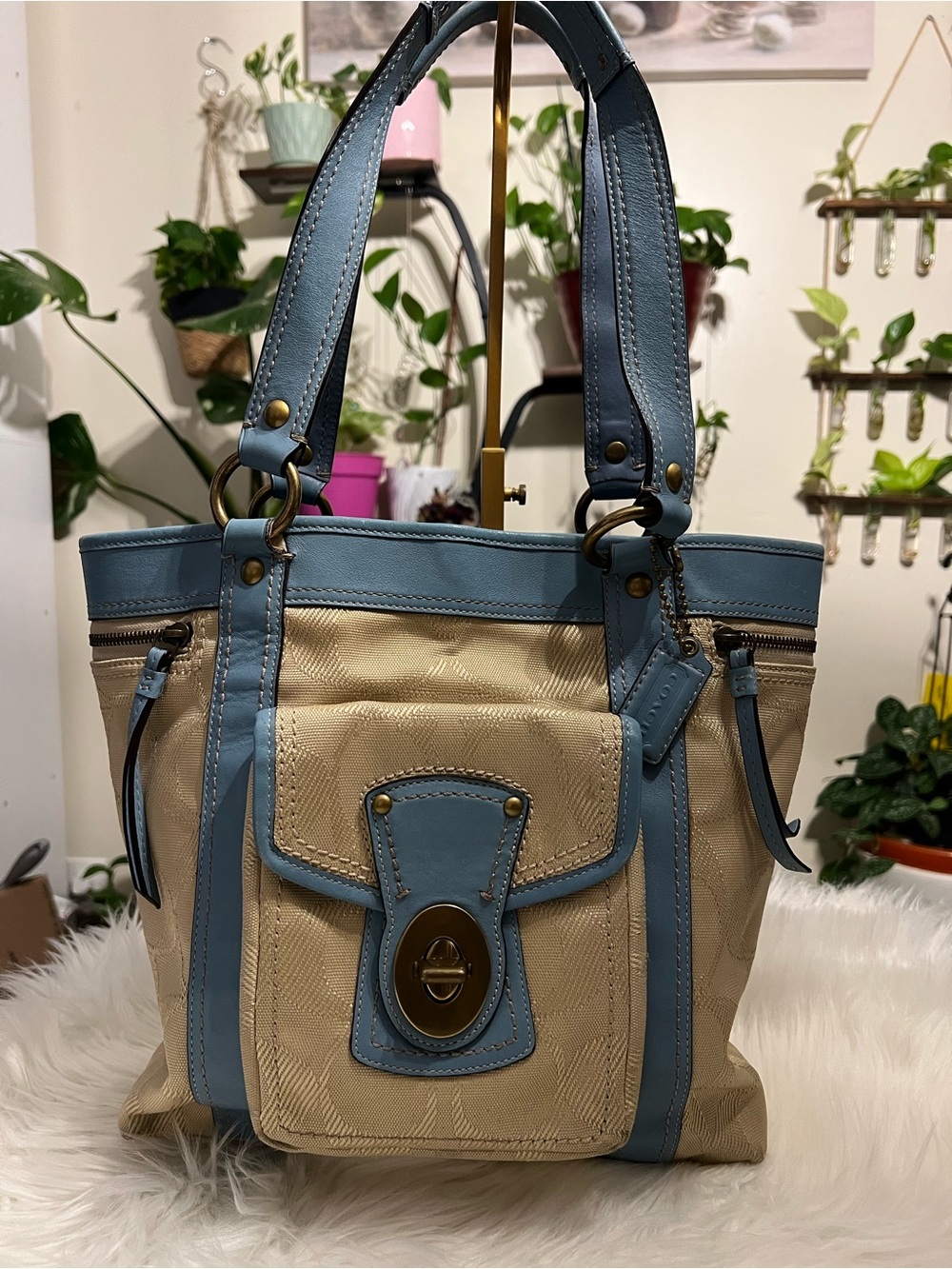Coach Beige and Light Blue Leather-Trim Shoulder Tote